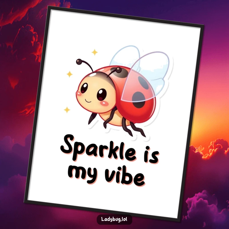 Funny Poster: Vibrant ladybug character in flight, its wings sparkling with energy and joy, bringing cheerful decor.