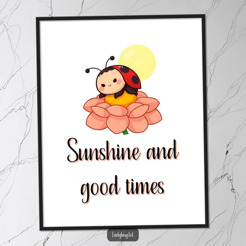 Funny ladybug poster depicting a happy character relaxing and sunbathing on a vivid flower petal, creating a joyful and scenic display.
