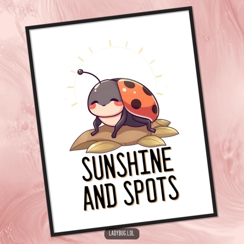 Funny poster of a contented ladybug basking in a sunbeam, ideal for creating a peaceful and humorous ambiance.
