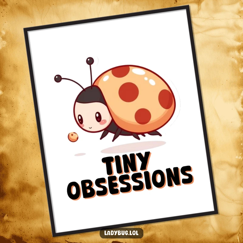 Funny poster showing a dramatic ladybug character enthusiastically chasing a nearly invisible dust mote, framed by vibrant colors.