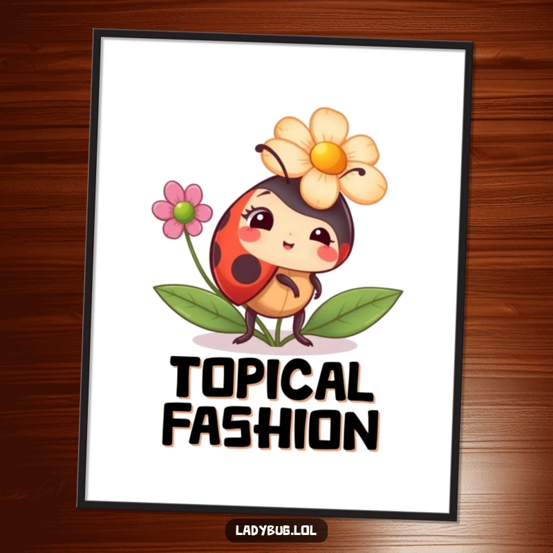 Funny ladybug poster of a ladybug comically trying to wear a flower as a hat, a humorous and stylish piece of art.