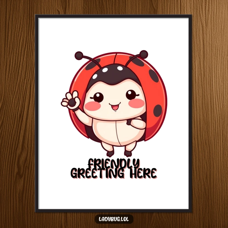 Funny ladybug poster showing a ladybug waving a leg, a cute and humorous piece of wall art for garden enthusiasts.