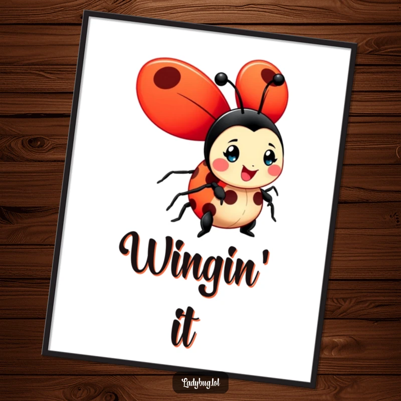 Funny ladybug poster showcasing a cheerful character with large, bright red wings unfurled, adding vibrant, happy decor.