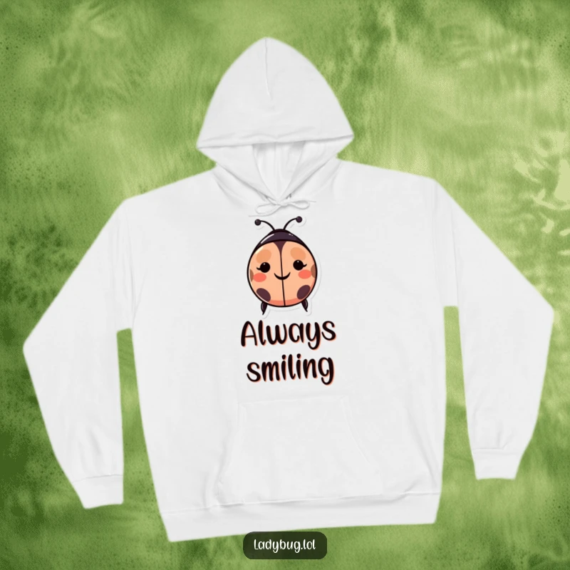 Funny ladybug hoodie: a happy ladybug character whose spots form a smiley face, embodying pure happiness and infectious cheerfulness.