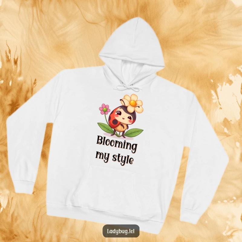Funny ladybug hoodie featuring a ladybug comically trying to wear a flower as a hat, a humorous and cozy accessory.