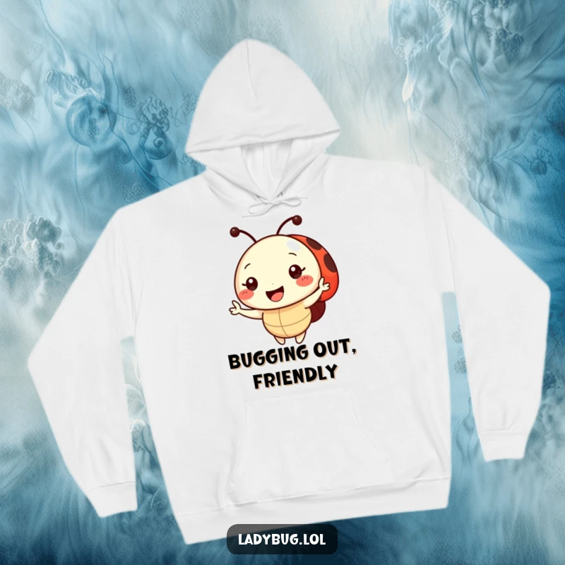 Funny Hoodie with a delightful ladybug character giving a friendly wave with a huge, infectious smile, bringing warmth and joy.