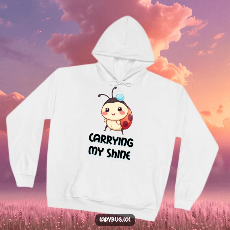 Funny ladybug hoodie featuring a happy character carrying a dewdrop on its head, perfect for cozy comfort.