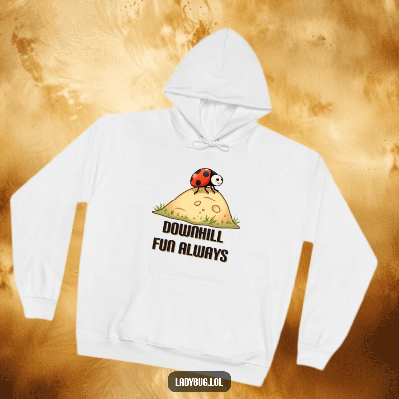 Funny ladybug hoodie featuring a ladybug rolling down a hill, offering warmth and a dose of cute, adventurous bug art.