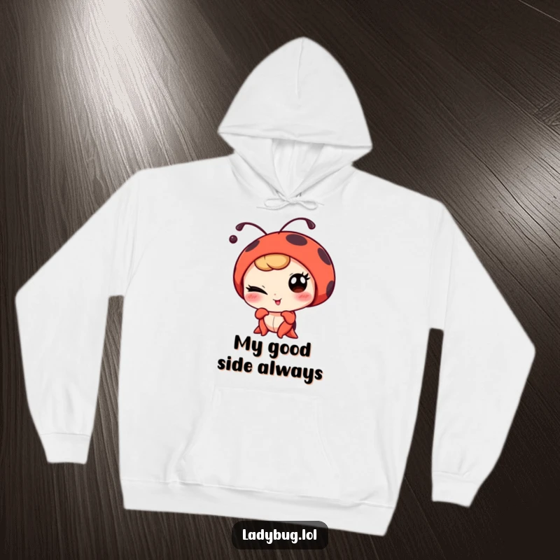 Funny winking ladybug character playfully posing for a portrait, featured on a warm and humorous hoodie.