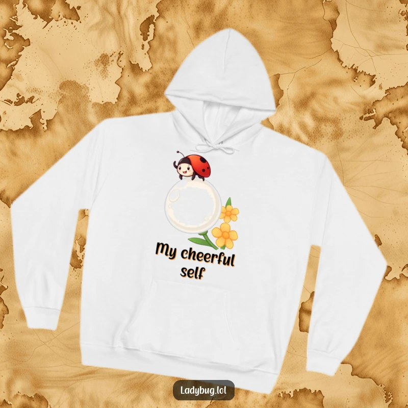 Funny ladybug cheerfully waves from atop a giant dewdrop, looking delighted on a cozy hoodie.