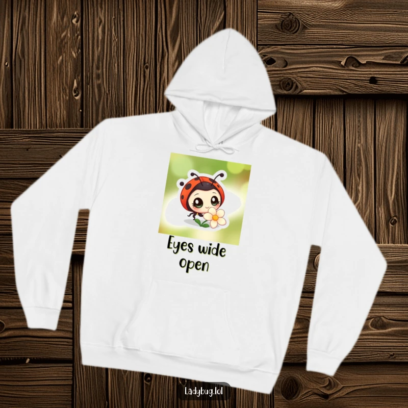 Funny hoodie featuring a ladybug character with big, bright eyes, curiously observing a flower, offering cozy comfort and a charming, inquisitive vibe.