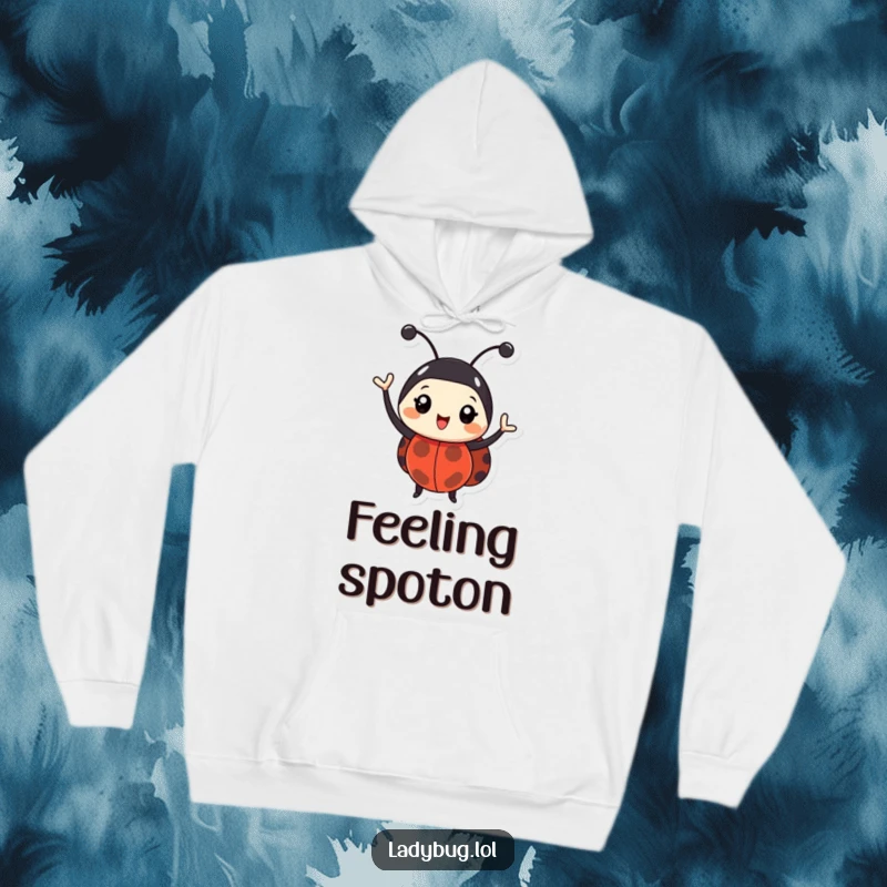 Funny ladybug hoodie showing a happy bug enthusiastically waving its antennae. Cozy and humorous.