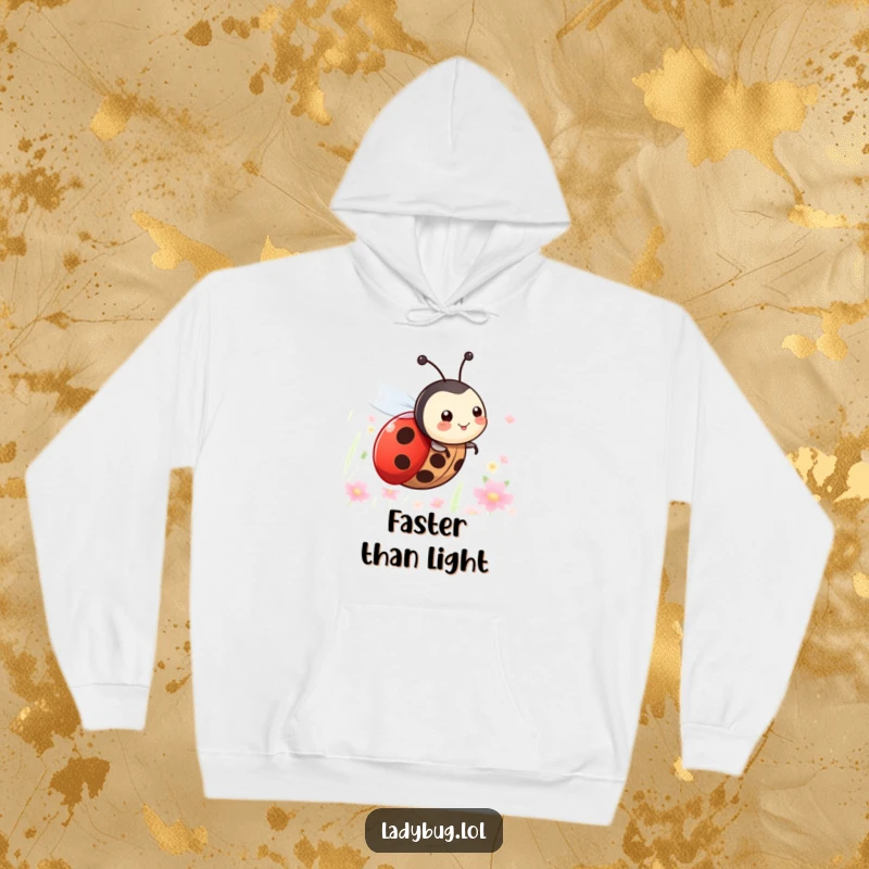 Funny hoodie designed with a happy ladybug character, its tiny wings stretched as it zooms joyfully through the air.