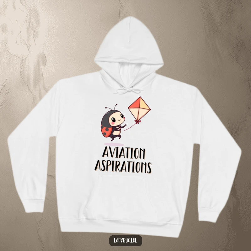 Funny ladybug hoodie featuring a playful ladybug comically trying to fly a miniature kite, a humorous and cozy adventure theme.