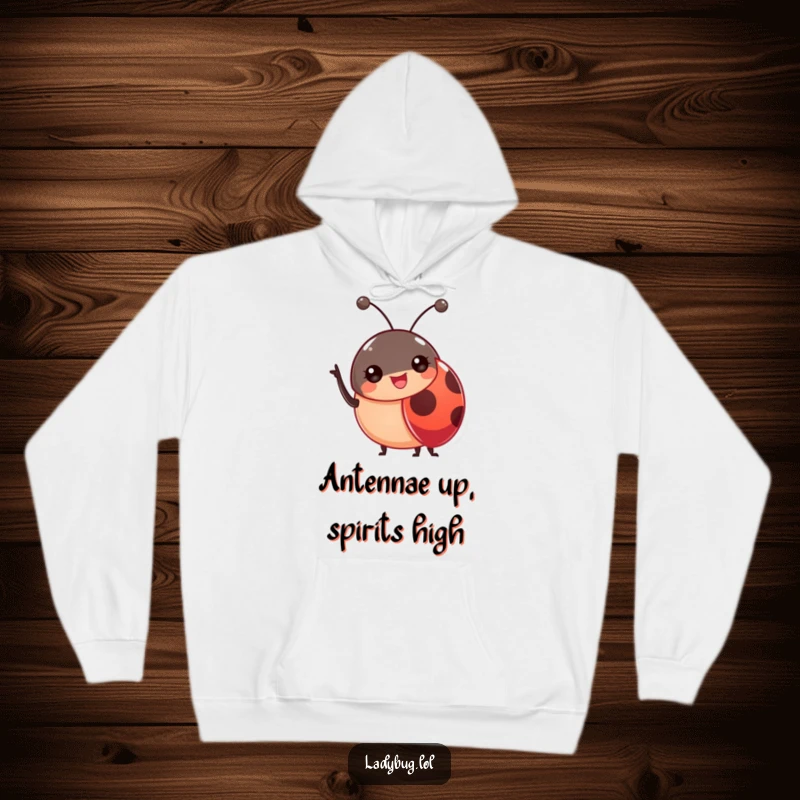 Funny Ladybug Antennae Hoodie featuring a cheerful ladybug waving its antennae, great for cozy and humorous wear.