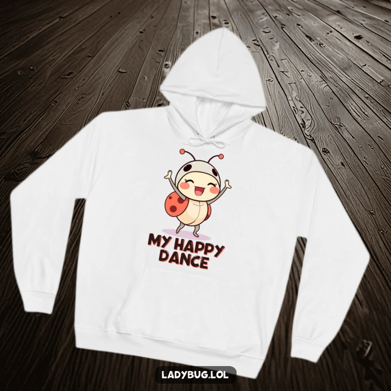 Funny ladybug hoodie depicting a delighted insect character doing a triumphant little dance, exuding celebration and glee.
