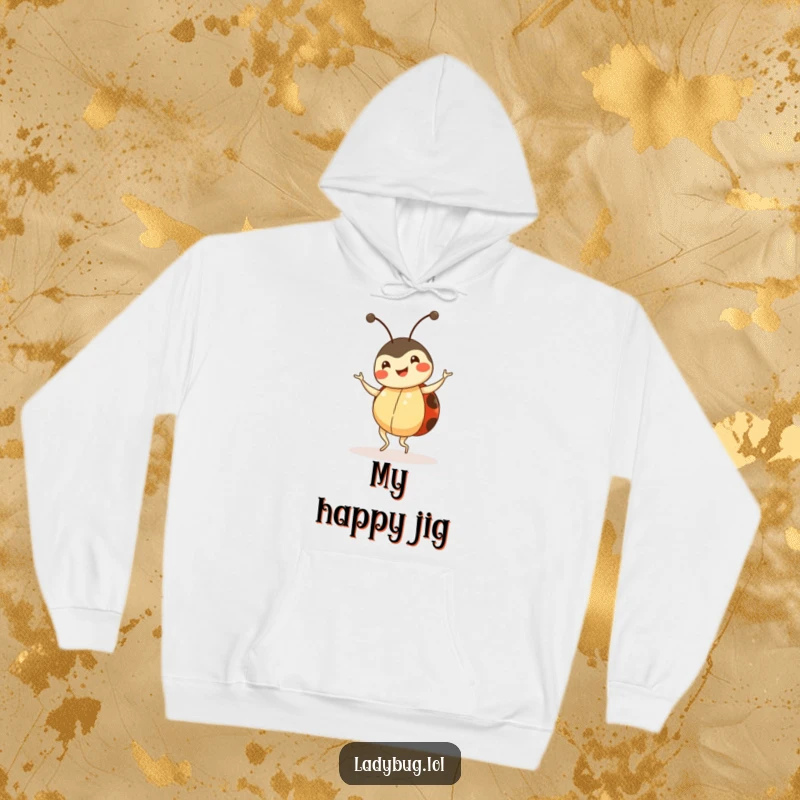 Funny ladybug hoodie, happy insect character doing a little dance, soft and warm, humorous gift.