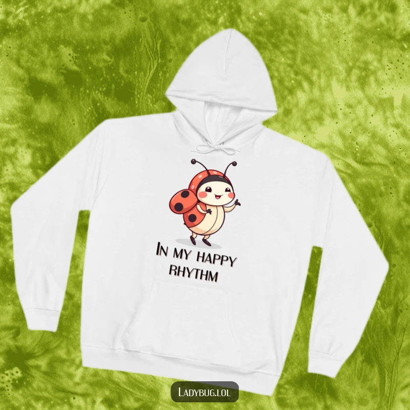 Funny ladybug hoodie with a cute character doing a happy dance, providing warmth and a dose of contagious, playful humor.