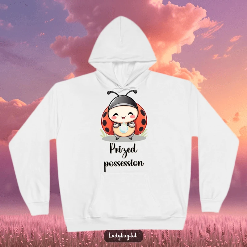 Funny ladybug hoodie showing a proud ladybug carrying a glistening dewdrop as a treasured prize, evoking warmth and accomplishment.