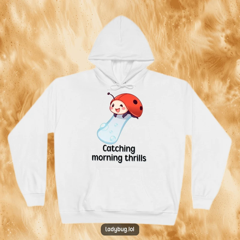 Funny ladybug hoodie depicting a delighted ladybug sliding down a dewdrop, offering cozy and humorous warmth.