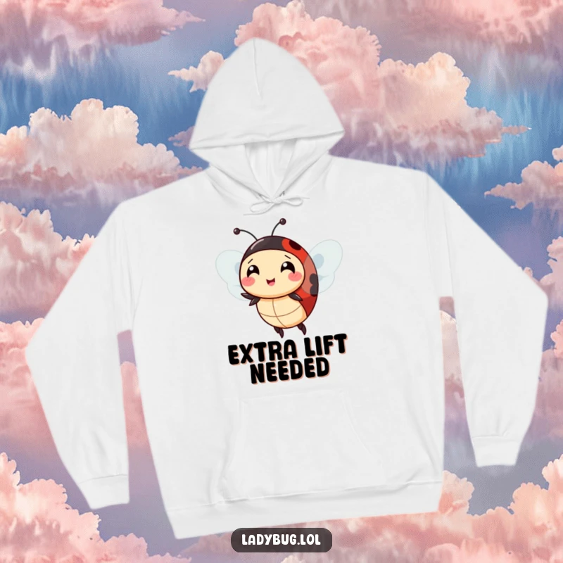 Funny ladybug extra wings hoodie, showing the insect comically attempting to fly with too many wings, comfort meets humor.