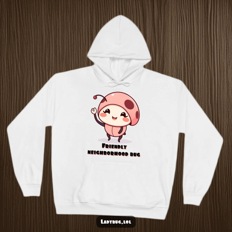 Funny smiling ladybug hoodie featuring a cute bug waving, offering coziness and a cheerful personality.