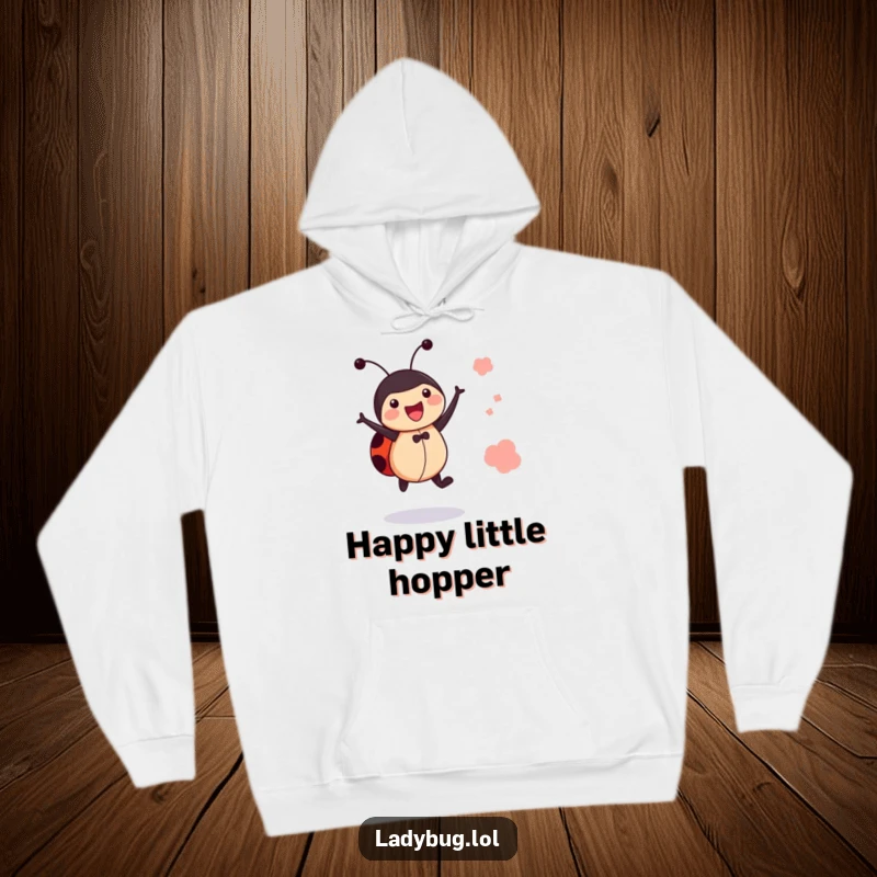 Funny jumping ladybug hoodie featuring a cheerful bug mid-jump, perfect for comfort and spreading joy.
