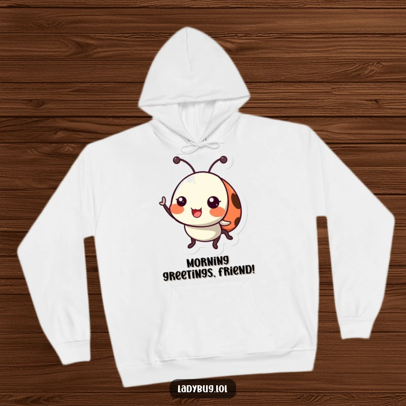 Funny ladybug hoodie with a happy ladybug character cheerfully waving its tiny antennae, perfect for cozy, cheerful wear.