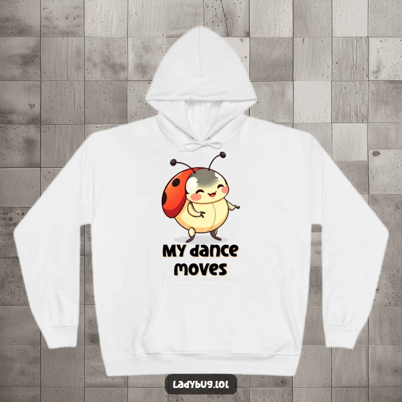 Funny ladybug hoodie showing a playful ladybug doing a silly dance with wiggling antennae, offering cozy and humorous warmth.
