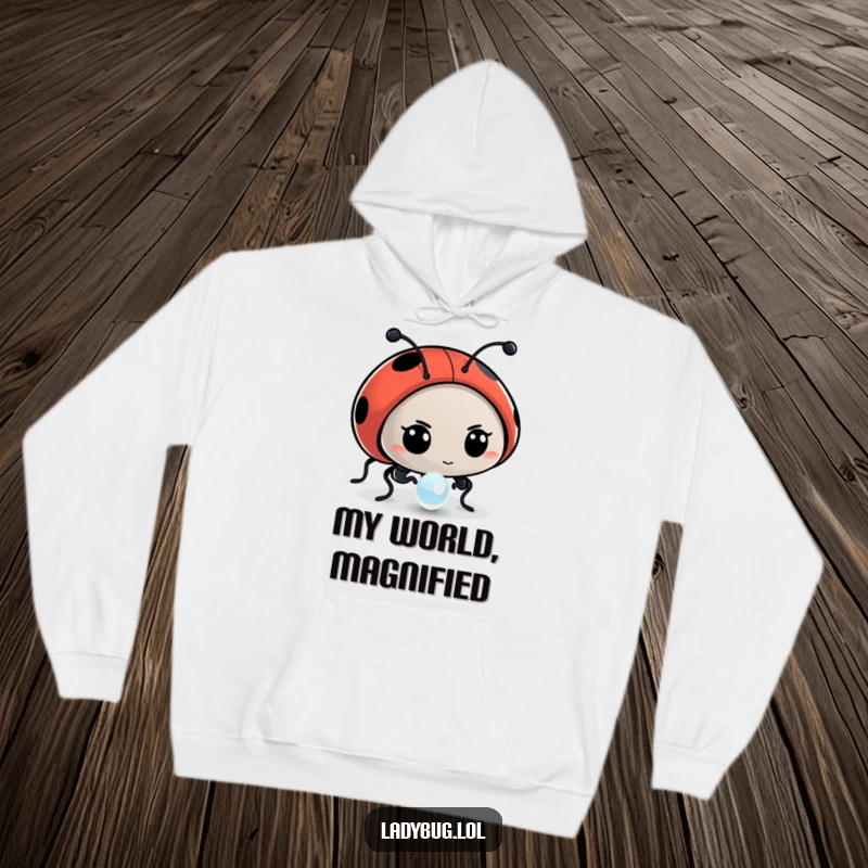 Funny hoodie featuring a determined ladybug character intently examining a dewdrop, capturing a moment of quiet wonder.