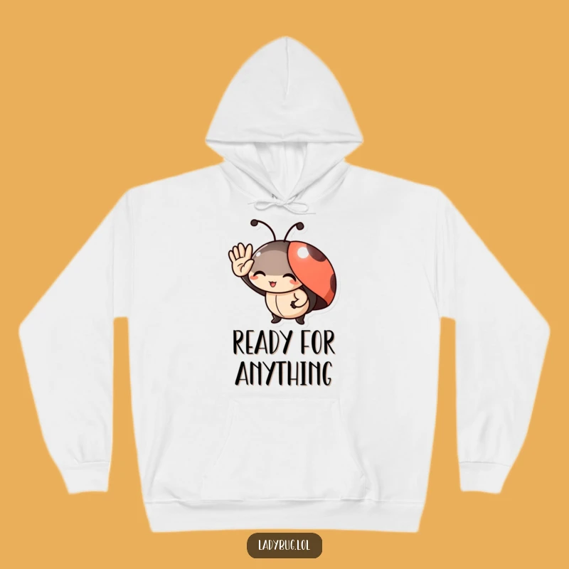 Cozy Funny Ladybug Salute Hoodie: Delighted Character's Tiny, Warm Greeting!