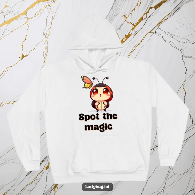 Funny ladybug hoodie featuring a cute ladybug character with comically wide, astonished eyes, captivated by a butterfly flying nearby.