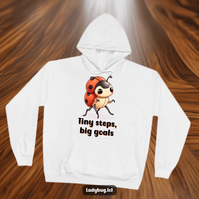 Funny ladybug hoodie showcasing a tiny character marching forward with determined legs, symbolizing perseverance and strength.