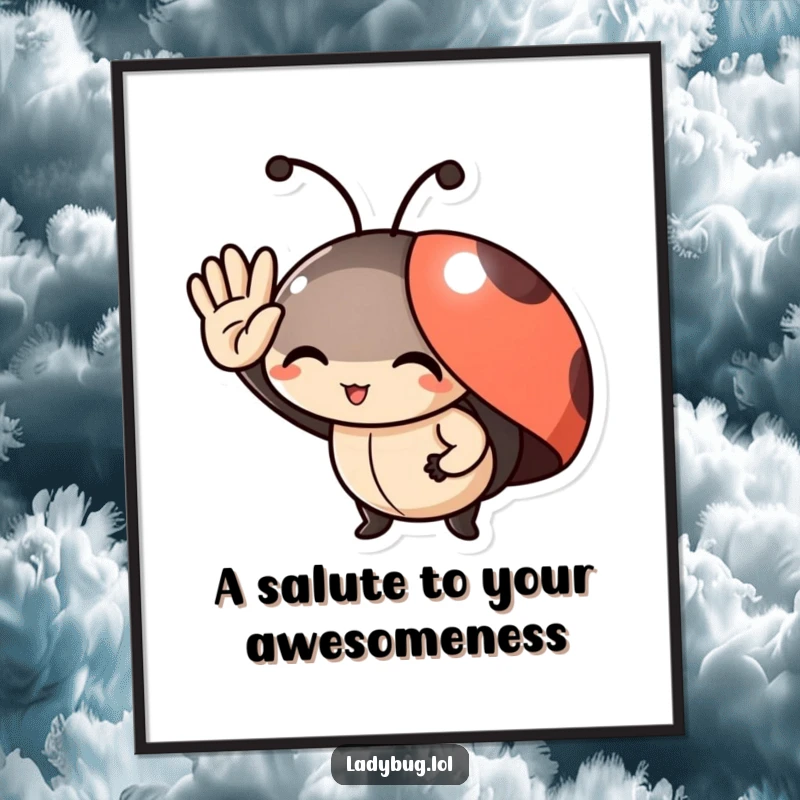 Funny free printable wall art of a delighted ladybug character giving a tiny, charming salute.