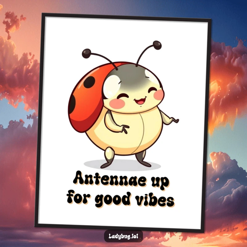 Funny Free Printable Wall Art: A playful ladybug doing a silly dance with its antennae wiggling, full of life.