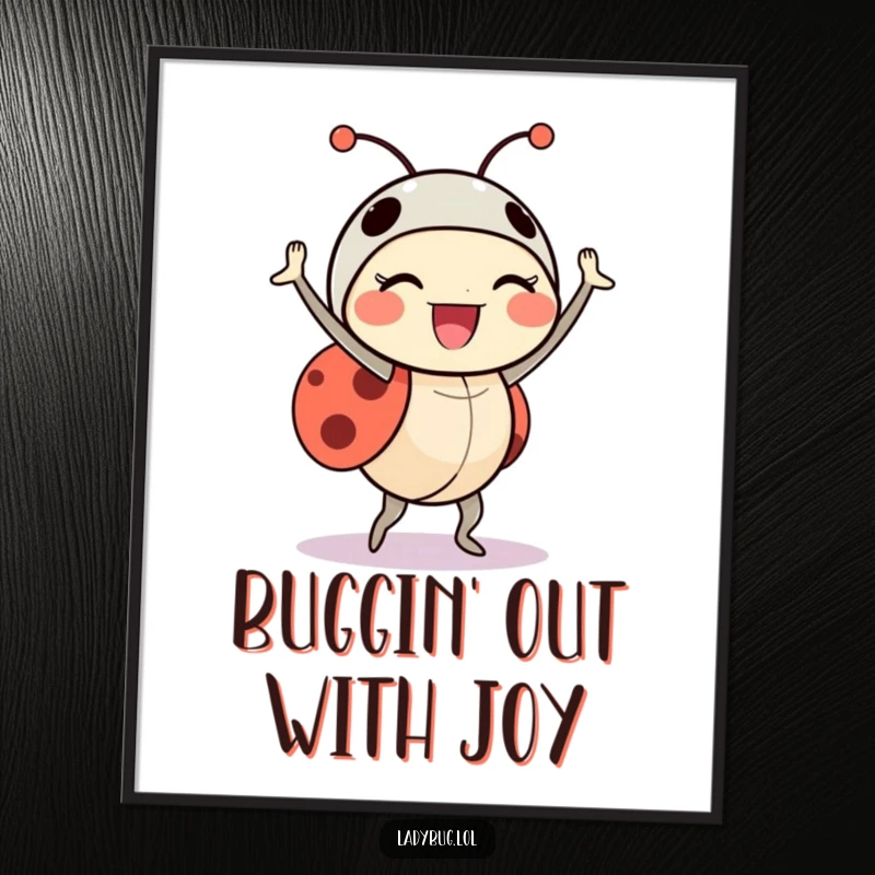 Funny Free Printable Wall Art: A delighted ladybug character doing a triumphant little dance, full of joy.