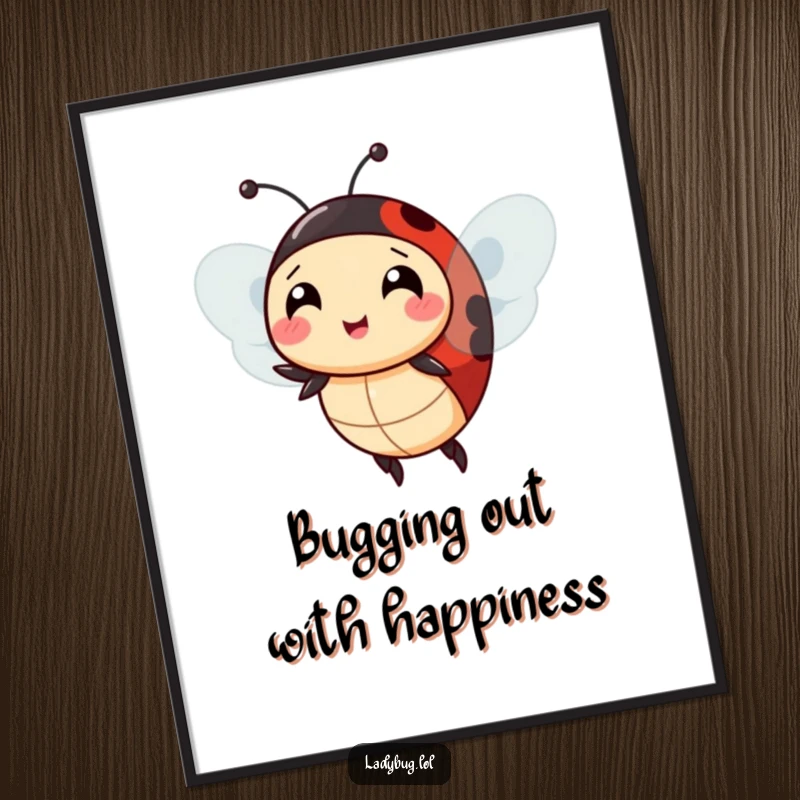 Funny Free Printable Wall Art: A cheerful ladybug character comically attempts to fly with extra wings, a humorous endeavor.