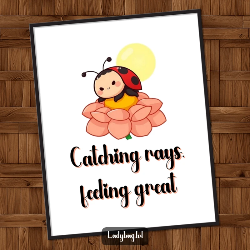 Funny Free Printable Wall Art: A joyful ladybug character sunbathing on a bright flower petal, exuding relaxation and humor, perfect for cheerful decor.