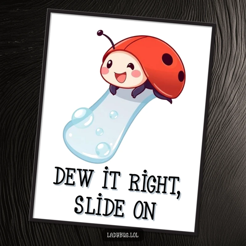 Funny Free Printable Wall Art: A delighted ladybug sliding down a shiny dewdrop like a slide, bringing joy.
