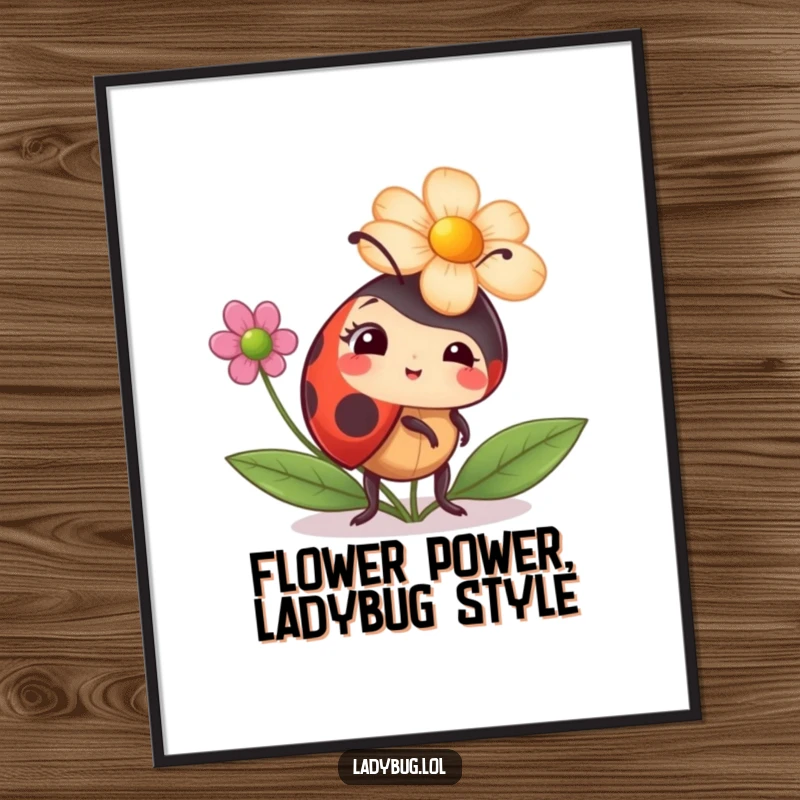 Funny Free Printable wall art of a ladybug comically trying to wear a flower as a hat, showcasing a moment of playful absurdity.