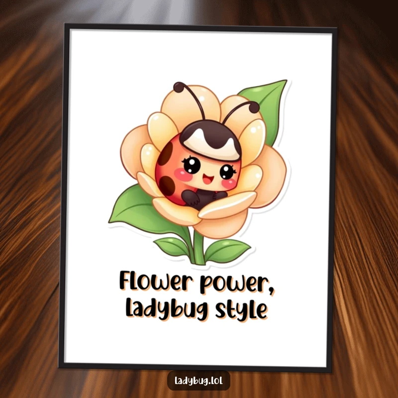 Funny Free Printable ladybug wall art: a giggling character hiding inside a flower, exuding joy and playfulness.