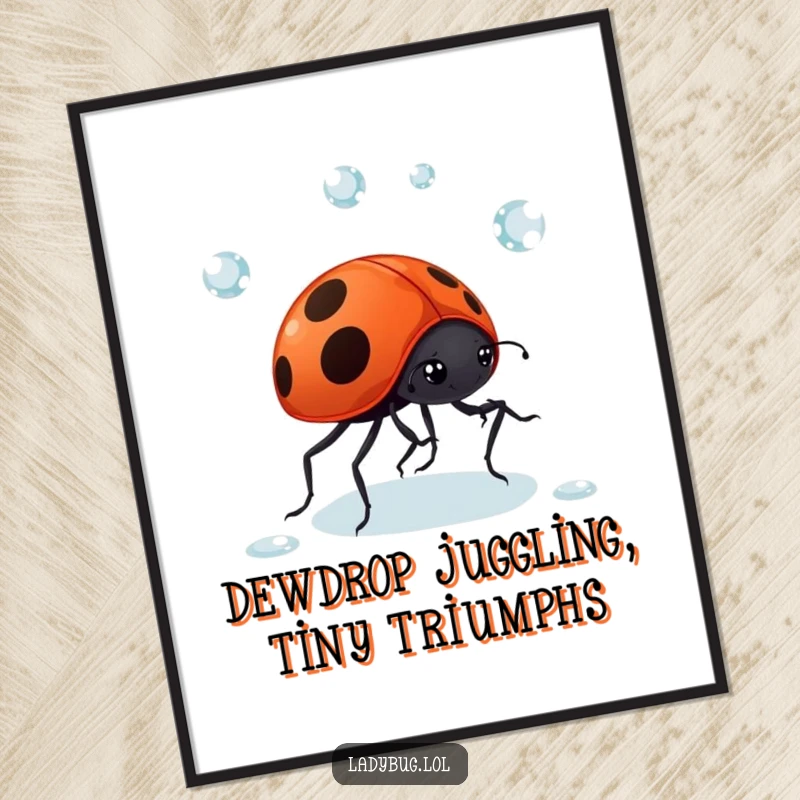 Funny Free Printable Juggling Ladybug Wall Art: A giggling ladybug comically juggles dewdrops with its tiny legs.