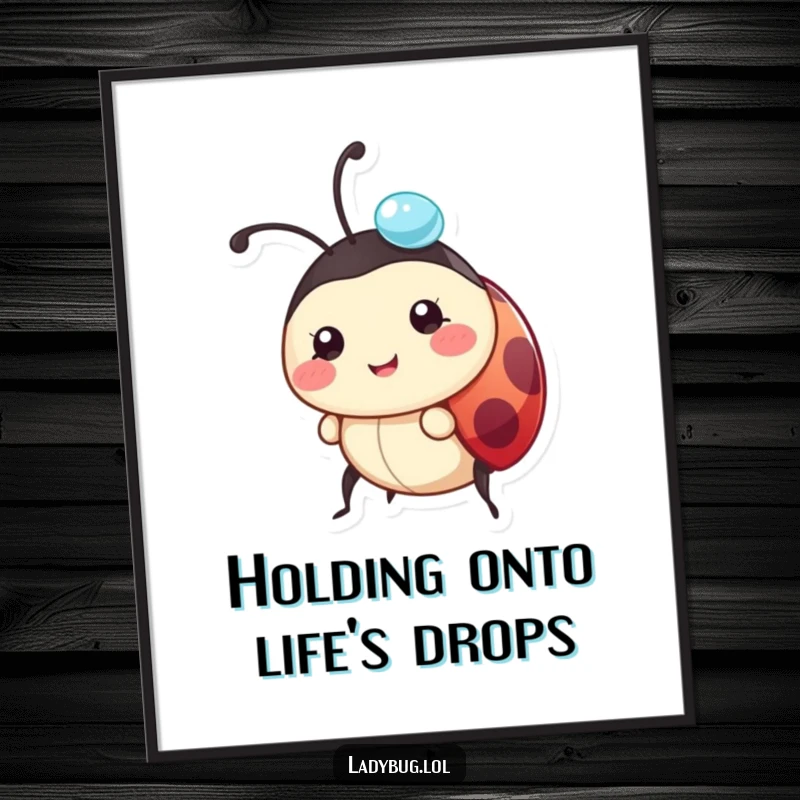 Funny Free Printable Ladybug Wall Art: a happy ladybug carries a sparkling dewdrop on its head, radiating freshness and joy.