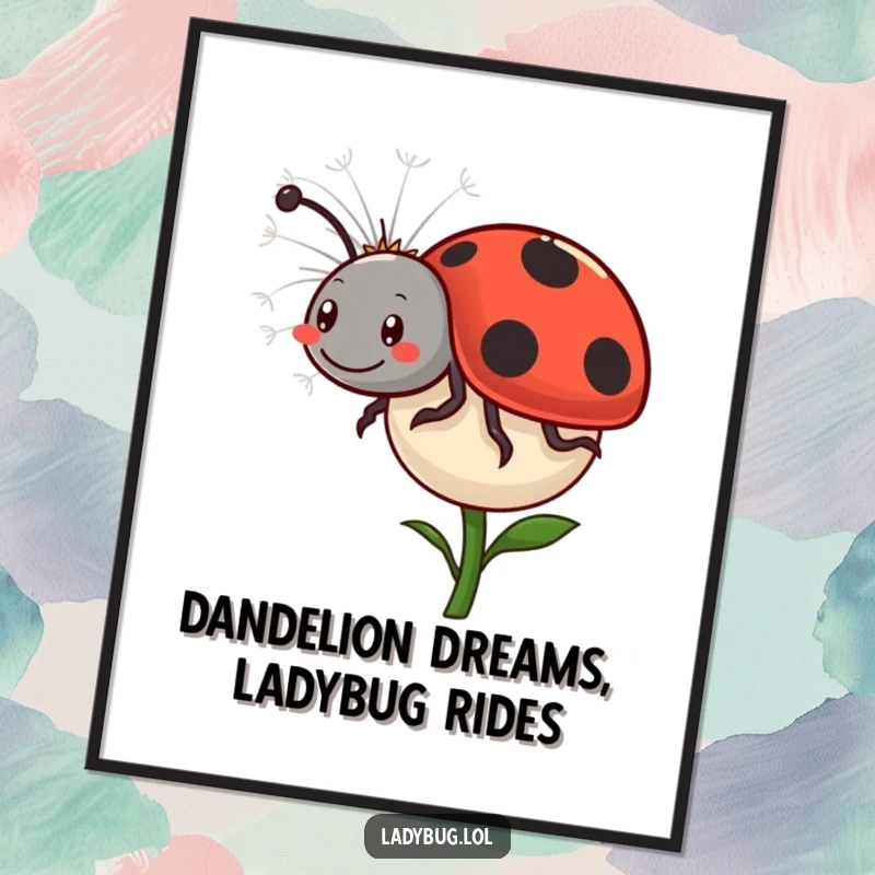 Funny Free Printable Ladybug Wall Art: A happy ladybug comically rides a floating dandelion seed.