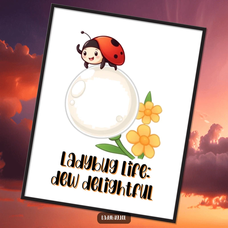 Funny Free Printable Ladybug Wall Art: Cheerful ladybug waving enthusiastically from a giant dewdrop, radiating pure happiness and whimsical charm.