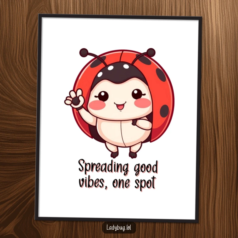 Funny Free Printable Wall Art: Cute ladybug character waving one of its small legs in a friendly hello.