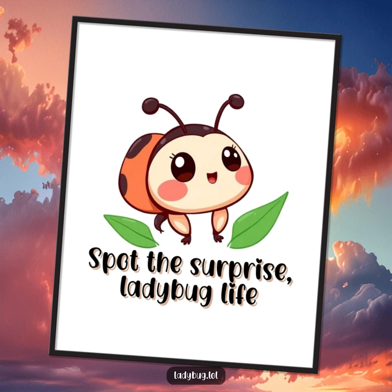 Funny Free Printable Ladybug Wall Art showing a cute ladybug with askew spots, looking hilariously surprised, great for whimsical decor.