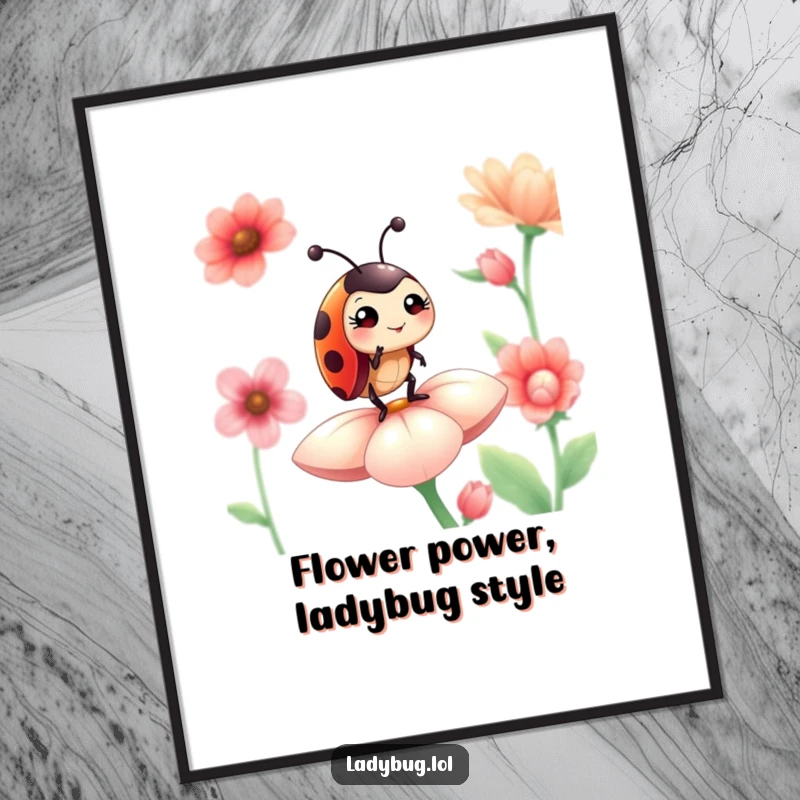 Funny Free Printable Ladybug Wall Art, a winking ladybug stands proudly on a flower petal, adding a playful touch.
