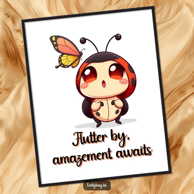 Funny Free Printable Wall Art: A ladybug character fixated with wide, amazed eyes on a beautiful butterfly flying nearby.