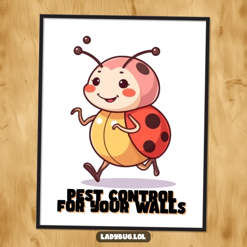Funny Free Printable Wall Art: Determined ladybug character with antennae joyfully jogging, bringing energetic cheer to your decor.